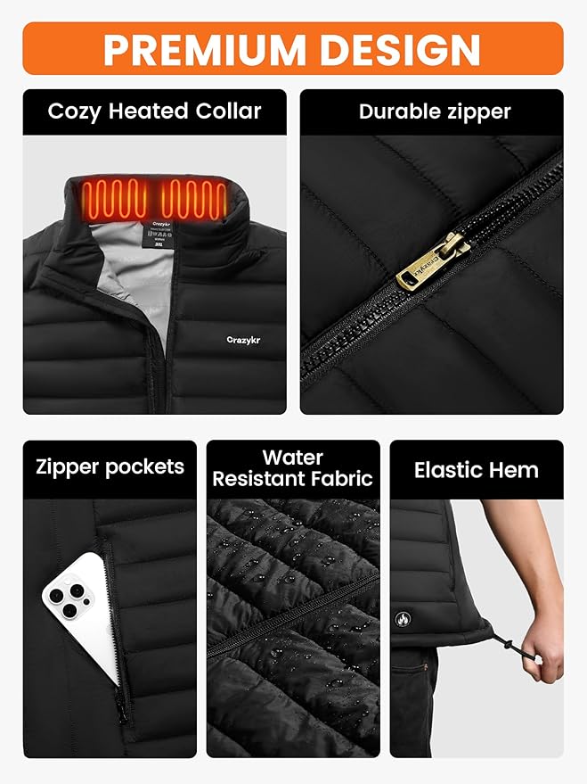 Heated Vest Men,Lightweight Quilted Electric Vest With Battery Pack Included,Rechargeable Black insulated heat Jacket