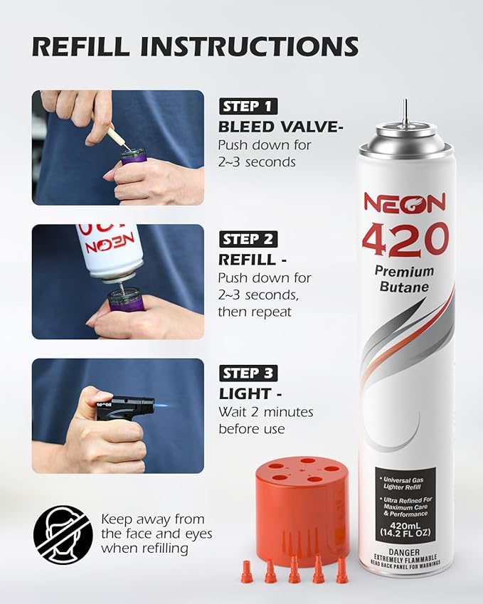 NEON Butane Refill 420ml, 11X Ultra Refined 0 Impurities Butane Fuel, Premium Universal Lighter Fluid with Metal Nozzle and 5 Butane Gas Refill Adapters for Refillable Lighters and Torches, 12 Cans