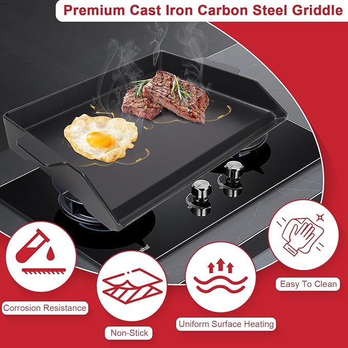 Universal Cast Iron Cooking Griddle for Gas Grill, 18.6" x 14" Nonstick Coating Griddle Flat Top Plate for Charcoal Grill, Stove Oven, Electric with Knife and Spatula Set