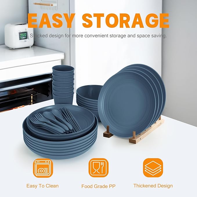 42 Pieces Kitchen Plates and Bowls Set - OAMCEG Plastic Dinner Set for 6, Plastic Wheat Straw Dinnerware Set, College Dorm Microwave Dishes, Unbreakable Plastic Outdoor Camping Dishes, Dark Blue