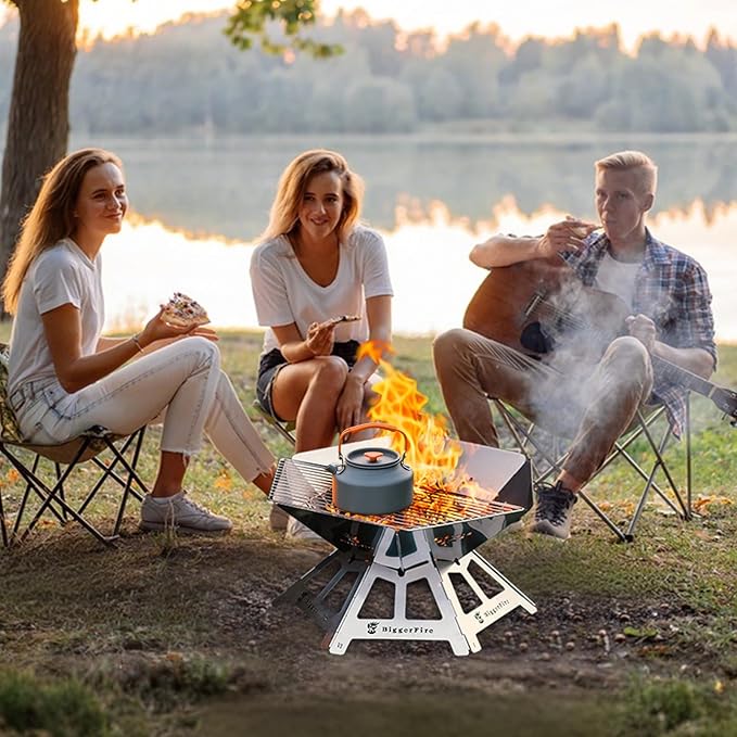 Foldable Portable Fire Pit,Stainless Steel Fire Pits with Charcoal Grill Net and Storage Bag,Camping Fire Pit Grill for Patio Outdoor Barbecue Campfire Bonfire (Large)