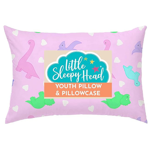 Little Sleepy Head Youth Pillow with Pillowcase 16x22, Soft Jumbo Toddler Pillows, Hypoallergenic Pillow Case - Best Kids Pillows for Sleeping, Perfect Kids Travel Pillows (Dinosaurs Pink)