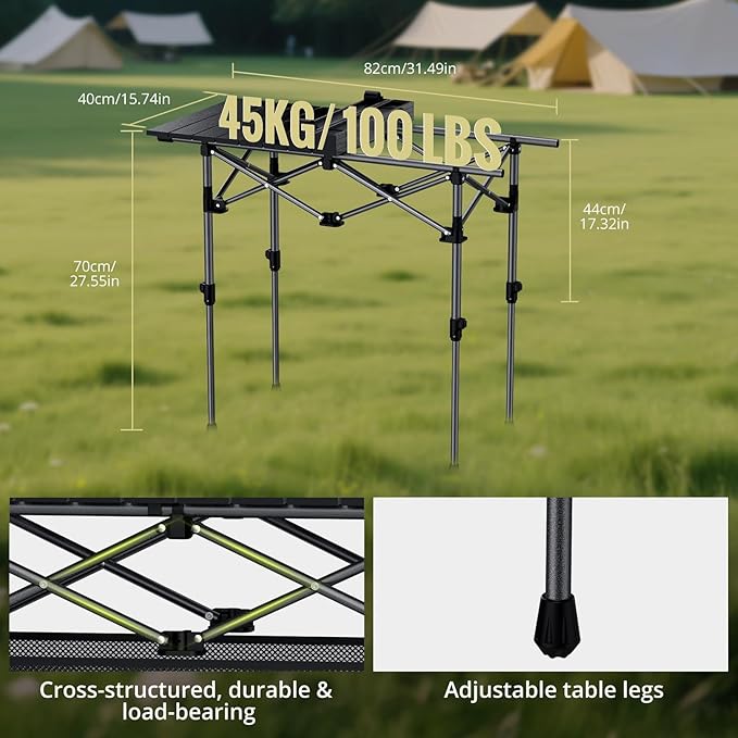 3ft Roll Top Camping Table, 2 Adjustable Heights Aluminum Folding Camping Table with Storage Net and Bag, Waterproof, Lightweight Outdoor Table 32.2” x 16”, for Travel BBQ Party Picnic, Black