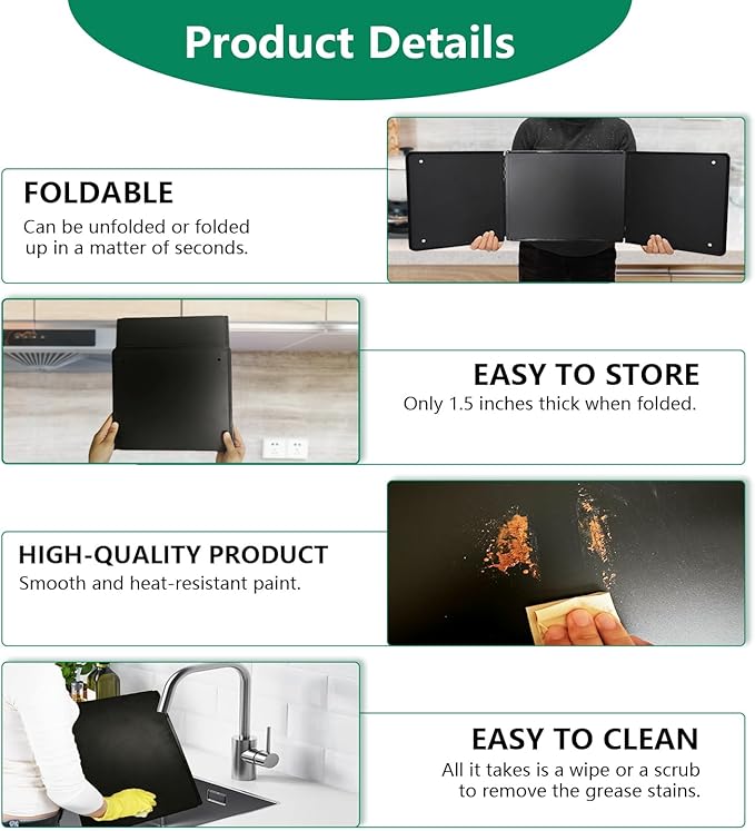 Large 3 Sided Splatter Guard for Frying Stove Top,Oil Splash Guard Cooking for Stove,Non Stick Foldable Splatter Screen for Stove Top (Black)