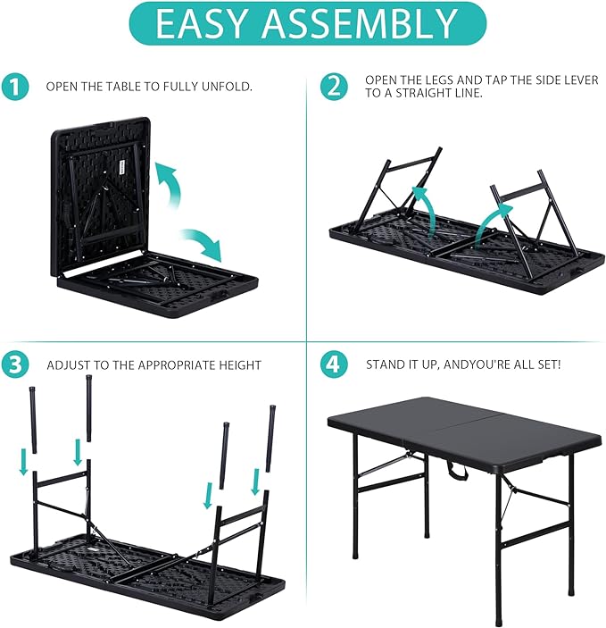 SUPER DEAL Portable 4 Foot Plastic Folding Table, Indoor Outdoor Heavy Duty Fold-in-Half Picnic Party Camping Barbecues Table with Carrying Handle, Black