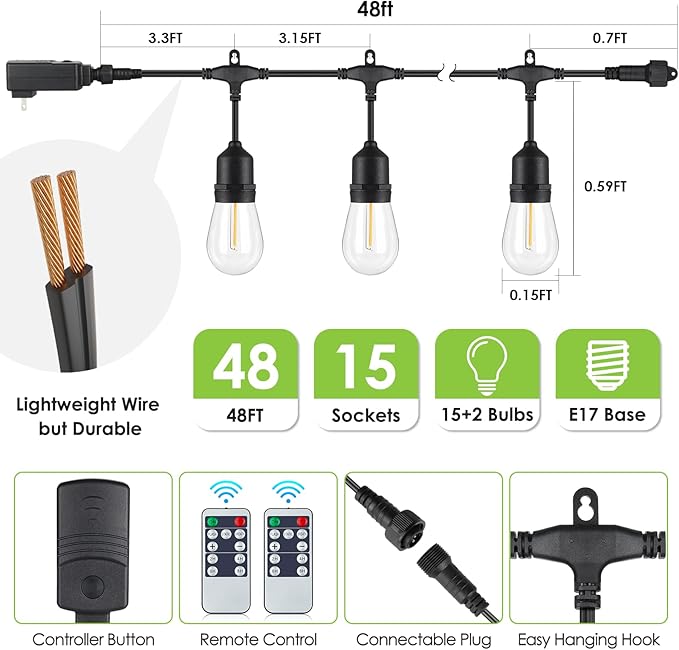 48FT Outdoor String Lights with Remote, Dimmable Patio Lights with 15+2 LED Waterproof Shatterproof Bulbs 3 Modes 4 Timers for Backyard, Black