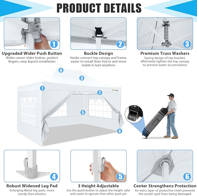 HOTEEL Canopy Tent 10x15 Heavy Duty Pop Up Canopy with Sidewalls, Party Tent with Roller Bag for Event Wedding, Upgraded Commercial Waterproof Instant Canopy, Thick Hexagonal Legs, UPF50+, White