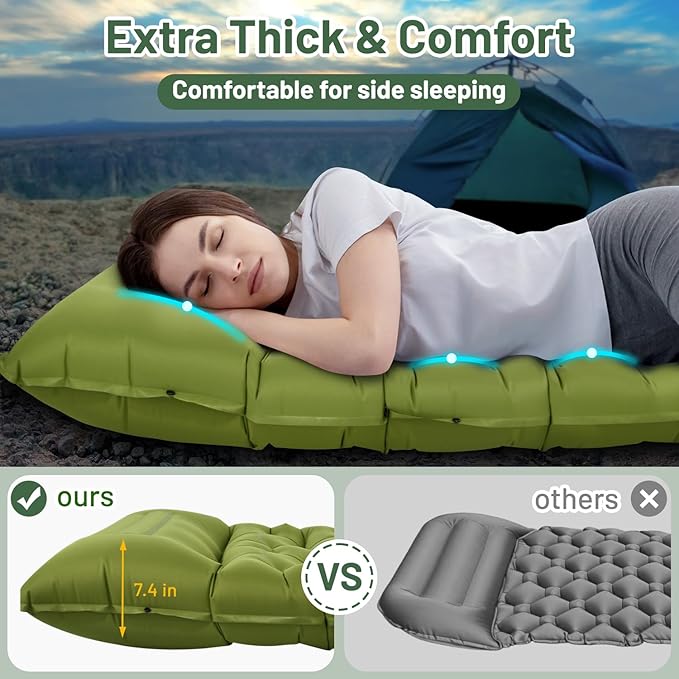 Sleeping Pad for Camping, 6" Extra Thick Camping Sleeping Pad with Pillows & Built-in Foot Pump, Ultralight Inflatable Sleeping Pads Compact for Travel Tent Hiking Camping Backpacking Car Camp Gear
