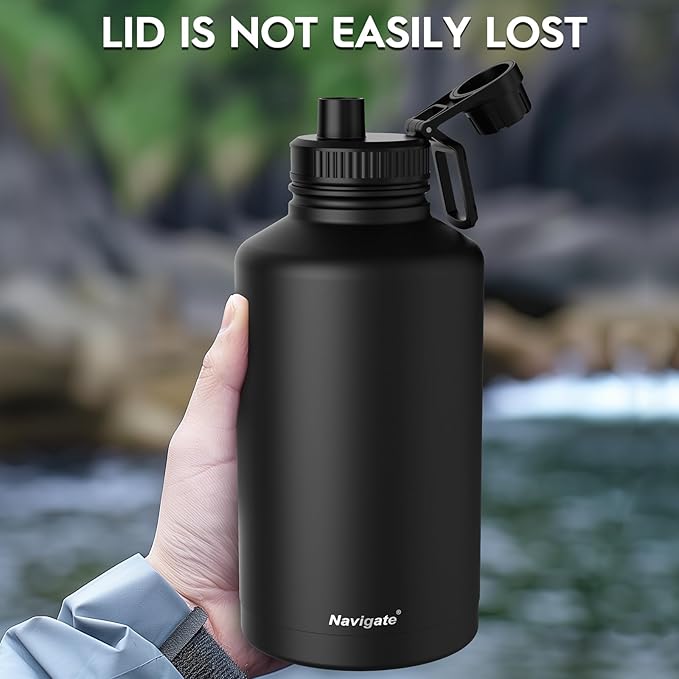 Navigate 64 oz Stainless Steel Insulated Water Bottle,Double Walled Leak Proof Keep Cold for 24 Hrs Hot for 12 Hrs,Wide Mouth Water Jug with Spout & Handle Lids,Black