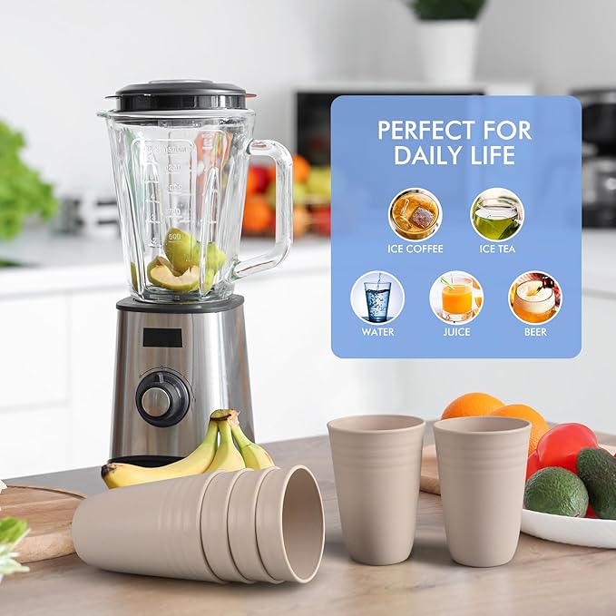 HOTEC 8-Pack 15oz Plastic Cups, BPA-Free Reusable Drinking Cup set, Unbreakable Tumblers, Dishwasher Safe Water Plastic Glasses, Khaki