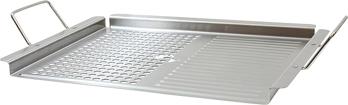 TableCraft BBQ2013, Stainless Steel Grilling Pan with Dual Surface and Handles, for Gas and Charcoal Grills, Keeps Food Secure, 18.75" x 12", Silver – Ideal for Outdoor BBQs