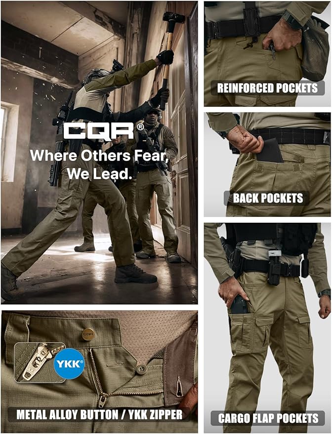 CQR Men's Flex Ripstop Tactical Pants, Water Resistant Stretch Cargo Pants, Lightweight EDC Hiking Work Pants