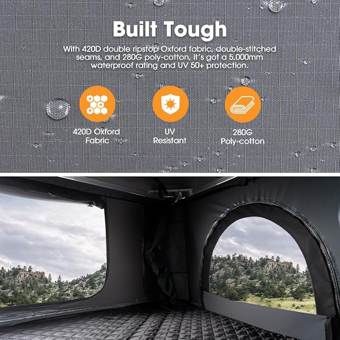 Sanhima Rooftop Tent Hard Shell - Jervis Loft Overland Aluminium ABS Roof Top Tent w/ 4 Sides Windows & AC Duct Hole for Car SUV Truck Camping, for 2-3 People
