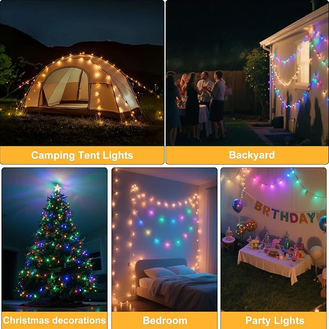 Moobibear Camping String Lights, Quick Storage 33FT/100LED RGB Rugby Rechargeable Tent Lights String with USB 8 Lighting Modes, Waterproof Portable LED Lamp for Camping Essentials, Yard, Party