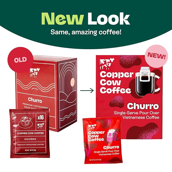 Copper Cow Premium Pour Over Single-Serve Vietnamese Coffee | Churro | Dark Roast | Flavored with Real Cinnamon | Includes 16 Coffees