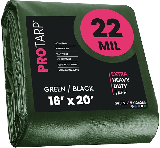 PROTARP Extreme Heavy Duty 22 Mil Tarp Cover, Waterproof, UV Resistant, Rip and Tear Proof, Poly Tarpaulin with Reinforced Edges for Roof, Camping, Patio, Pool, Boat. (Green/Black 16′ X 20′)