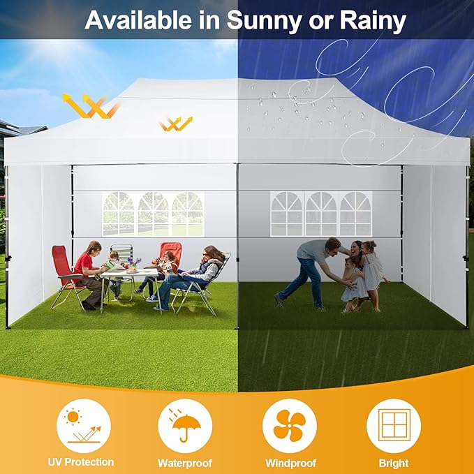COBIZI 10x20 Pop Up Canopy with 6 Sidewall,Heavy Duty Canopy UPF 50+ All Season Wind Waterproof Commercial Outdoor Wedding Party Tents for Parties Canopy Gazebo with Roller Bag(10 x 20 ft White)