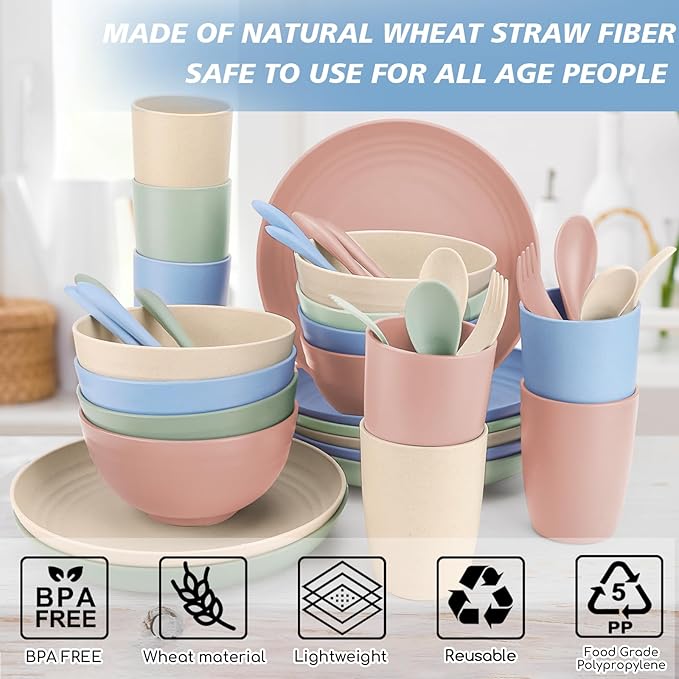 shopwithgreen Wheat Straw Dinnerware Sets for 8, 40 PCS Unbreakable Plates and Bowls Sets, Reusable Dinner Dishes Set, Bowls, Cups,Plates for Camping, Kitchen, RV, Dorm,Dishwasher Microwave Safe