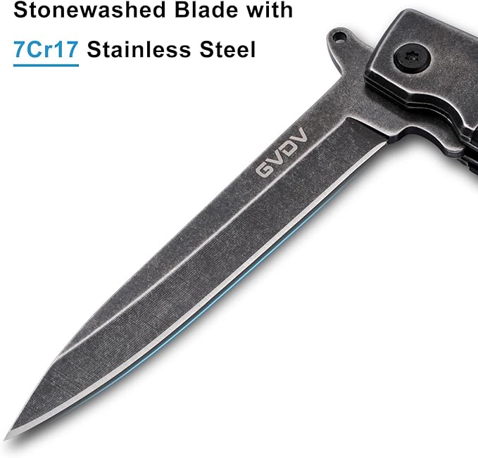 GVDV Pocket Knife Folding Knives, Cool Pocket Knives for Men, 7Cr17 Stainless Steel Knife Set with Sharpening for Fishing Camping Hunting Hiking, Black Stonewashed