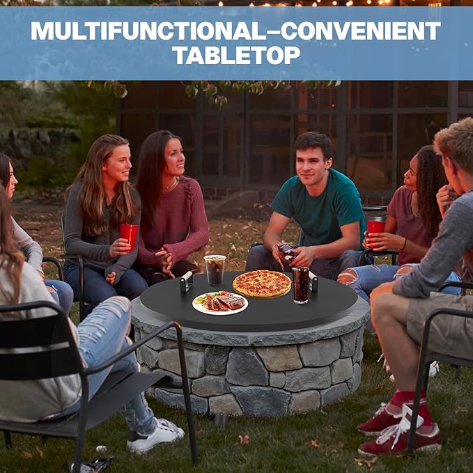 Fire Pit Lid Cover Round - 34" Rust Resistant Powder Coated Steel Firepit Cover or Table with 2 Wooden Handles for Patio Fire Pit, Weatherproof for All Seasons, Fits Fire Pits Up to 32"
