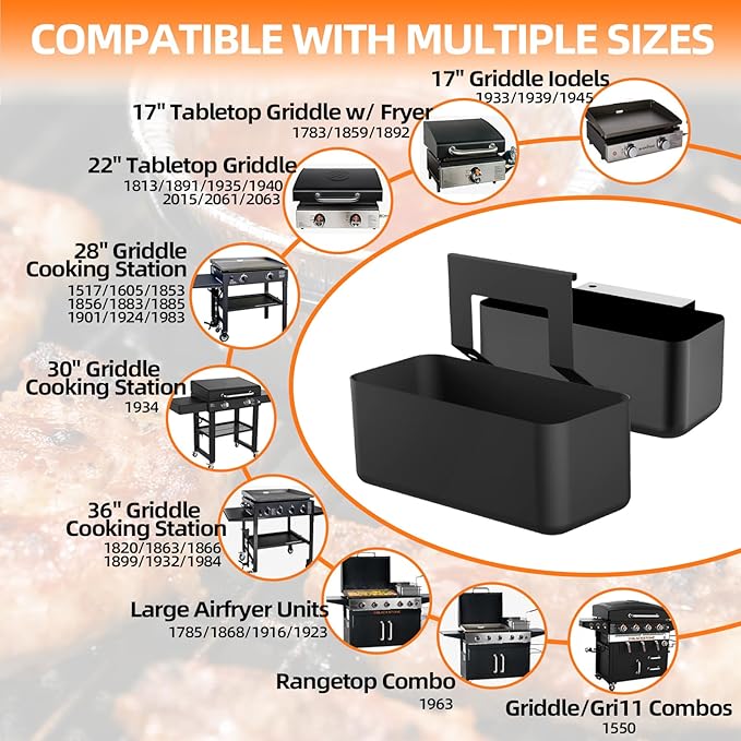 Blackstone Grease Catcher& Drip Tray Set - Universal Grease Catcher Compatible with Blackstone 17/22/28/36" Griddles - Includes 12 Pack Grease Cup Liners & Long/Narrow Hooks - Two Mounting Options