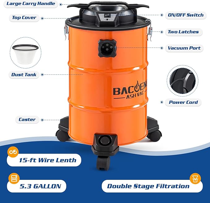 BACOENG 5.3-Gallon Ash Vacuum with Double Stage Filtration System, 10 Amp Ash Vacuum for Pellet Stoves with 1200W Powerful Suction, 5FT Metal Hose and 360° Rotating Wheel