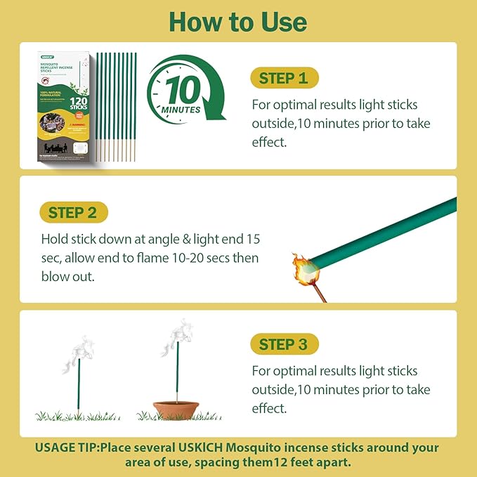 Mosquito Repellent Outdoor 120 Pcs Natural Citronella Oil Mosquito Incense Sticks Organic Mosquito Barrier Mosquito Repeller for Backyard Patio Travel Camping Indoors Gnat Mosquito Control