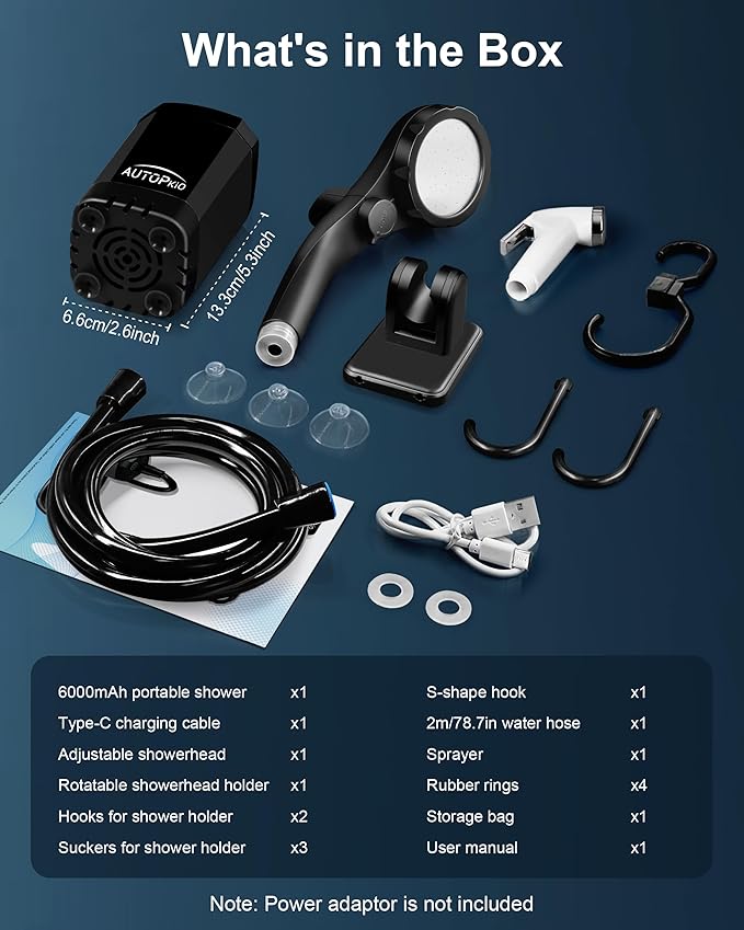 AUTOPkio Portable Camping Shower, Upgraded Outdoor Shower with 6000mAh Rechargeable Battery Pump & Digital Display for Hiking, Travel, Car, Pet Bath, Watering, Emergency