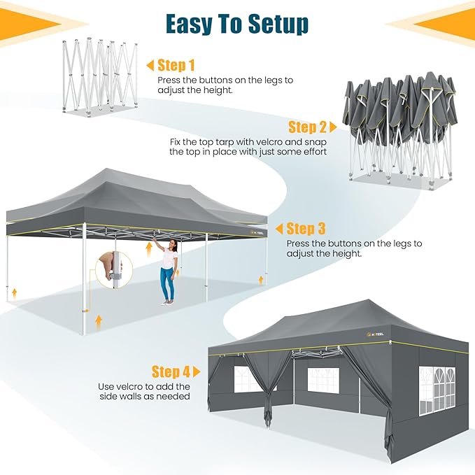 HOTEEL 13x26 Heavy Duty Pop Up Canopy Tent for Parties Event Wedding Commercial Instant Gazebo with Roller Bag, Party Tent Waterproof UV 50+&Windproof, Upgraded Thick Hexagonal Legs, Gray