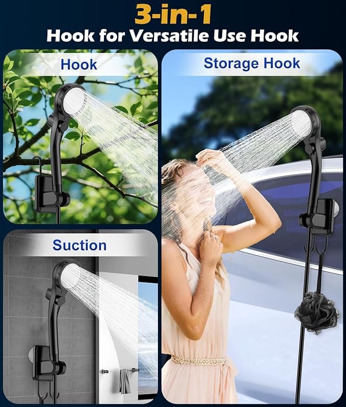 WADEO Portable Shower for Camping, 6000mAh Rechargeable Camping Shower Pump with Camping Light, 5 Pressure Levels, IPX8 Waterproof for Outdoor Camping, Travel, Car Washing, Pet Bathing