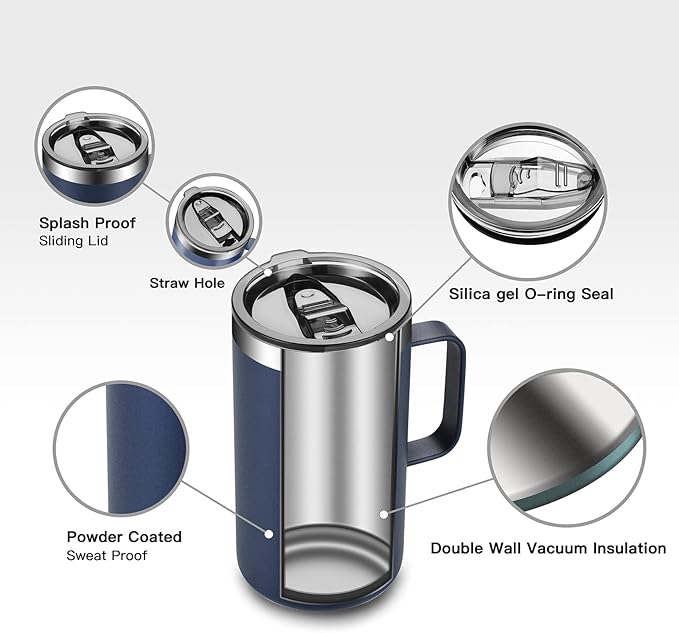 KXIAOCHEN 20oz Insulated Coffee Mug with Lid, Stainless Steel Coffee Cup, Double Wall Vacuum Coffee Tumbler with Handle, Premium Thermal Travel Coffee Mug (Pink Navy 2Pack)