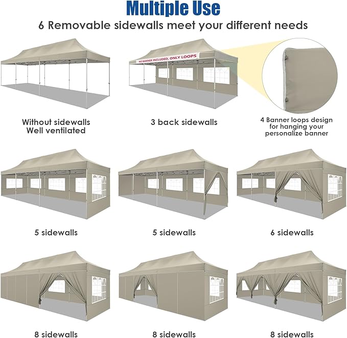 HOTEEL 10x30 Pop up Canopy Tent for Parties, Heavy Duty Easy Setup Tent with 8 Sidewalls, Outdoor Commercial Instant Gazebo for Wedding Event, with Portable Bag & Sand Bags, Khaki(Hexagonal Frame)