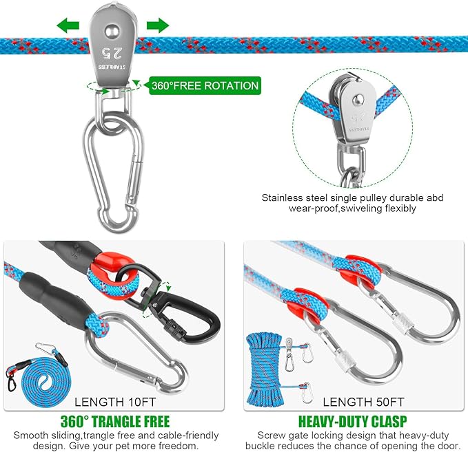Dog Camping Essentials,Tie Out Cable for Camping,50ft Portable Trolley System with 10ft Runner Lead for Dogs up to 200lbs,Portable Reflective Dog Lead Line for Yard, Park and Outdoor (Blue)