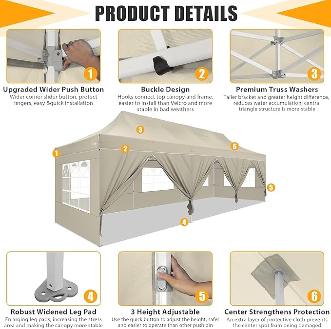 HOTEEL Tents for Parties 10x30 Pop Up Canopy Tent Heavy Duty with 8 Sidewalls, Commercial Party Tent Event Wedding Instant Canopy Waterproof with Carry Bag, UV 50+, Thicked Hexagonal Legs, Khaki