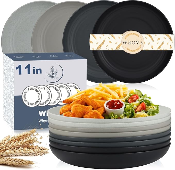 Large Wheat Straw Plates - 11 Inch Unbreakable Dinner Plates Set of 8 - Dishwasher & Microwave Safe, Reusable - Deep Edge for Kitchen and Camping (Classic)