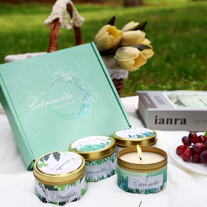 HUANXI Scented Candle Set 4 Pack Citronella Candles, Insect Moskito Repellent Candles for Outdoor Indoor, 32 Oz Travel Tin Jar Candles for Home, for Camping Fishing Garden Patio Yard Balcony Party