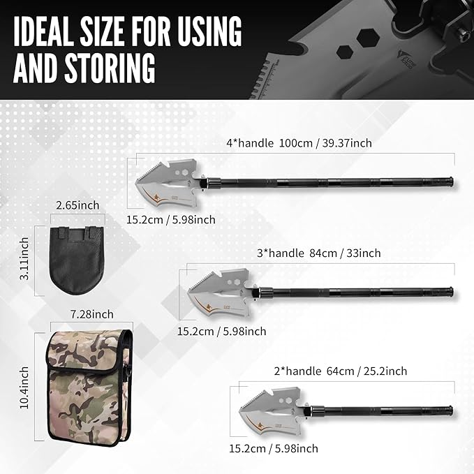 Zune Lotoo Tactical Shovel Survival Tool 15 in 1 Folding Camping Shovel Military Grade High Carbon Steel, E-Tool for Men Hiking Backpacking Off-Road Spade Emergency Outdoor Gear