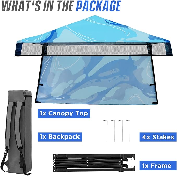EAGLE PEAK 8x8 Pop Up Canopy Tent with Sidewall, Compact, Portable Slant Leg Instant Sun Shelter for Beach, Sports, & Camping, 8x8 Base 6x6 Top, Blue Abstract
