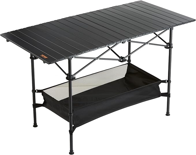 VEVOR Folding Camping Table, Adjustable Height Portable Side Tables, Aluminum MDF Beach Table with Mesh Layer, Carrying Handle, Lightweight Compact for Outdoor Picnic BBQ Cooking (45inch-Black)