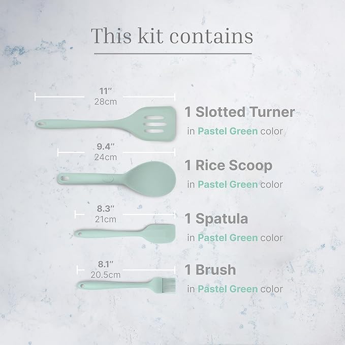 Silicone Utensils 4-Piece Set – Rubber Spatula, Pastry Brush, Slotted Turner, and Rice Paddle – Complete Heat-Resistant Set for Non-Stick Cookware – Kitchen Tools for Cooking and Baking – Pastel Green