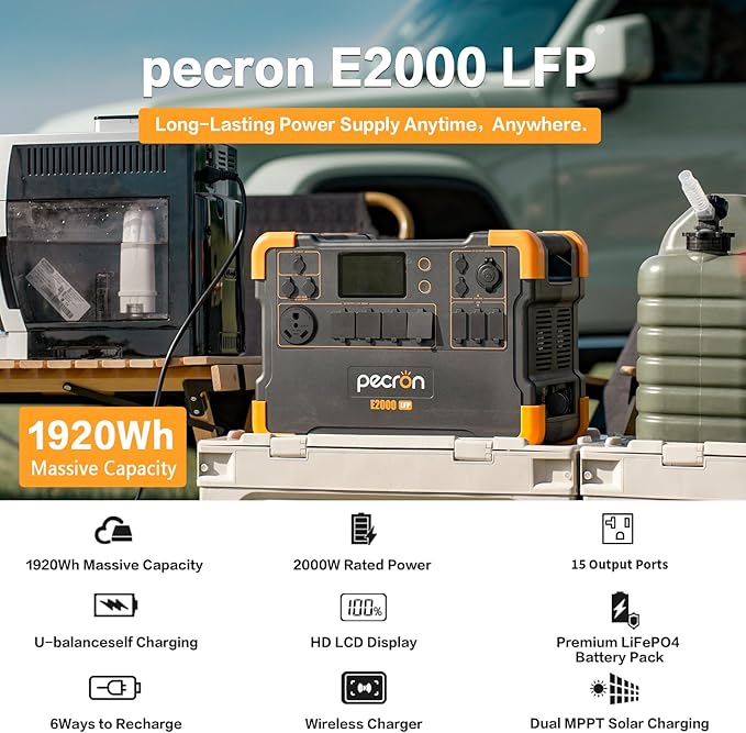 pecron Power Station E2000LFP with 200W Solar Panel Trolley Kit, 1920Wh Portable Power Station 5X2000W AC Outlets, LiFePO4 Battery Backup Expandable, Solar Generator for Home, Camping, RV