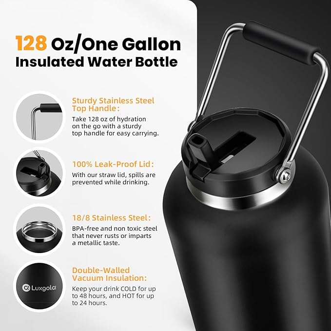 128 oz Insulated Water Jug with Straw Lid and Handle, One Gallon Stainless Steel Double Vacuum Water Bottle for Hot & Cold Drinks - Sweat Proof, Great for Travel, Hiking, Camping - Dark Blue