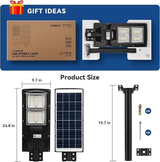 LANGY 2 Pack Solar Street Light 180000Lumens,240 LED Street Lamp with Light Control&PIR Motion Sensor, Dusk to Dawn LED Security Light Solar Flood Light for Square,Yard,Basketball Court