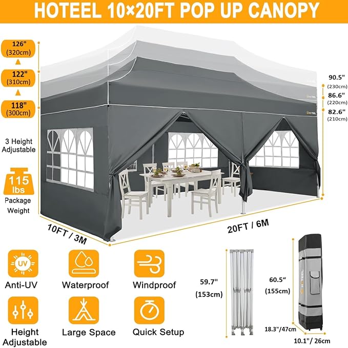 HOTEEL 10x20 Heavy Duty Pop Up Canopy Tent with Sidewalls, Commercial Outdoor Canopy Tents for Parties Event Wedding with Roller Bag, Waterproof & UV 50+, Upgraded Thickened Hexagonal Legs, Gray