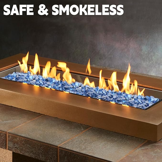 Blue Fire Pit Glass, 20 Pounds High Luster Reflective Tempered Glass Rocks, 1/2 Inch Firepit Rocks for Firepit Table, Propane Fireplaces, Fire Bowls