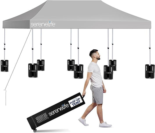 SereneLife 10x30 Ft. Pop Up Commercial Tent – Large Instant Pop-Up Canopy, Heavy Duty Waterproof Polyester Shelter with Wheels, Sandbags, Stakes & Ropes, Ideal for Parties, Events, & Gatherings