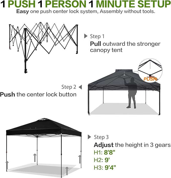 10'x10' Pop Up Canopy Tent with 1 Sidewall and 6 Pockets, One Push Setup, Instant Shade Tent with Vented Roof for Beach Patio Outdoor, Case, 8 Stakes, 4 Ropes, 4 Sandbags (Black, 10x10)
