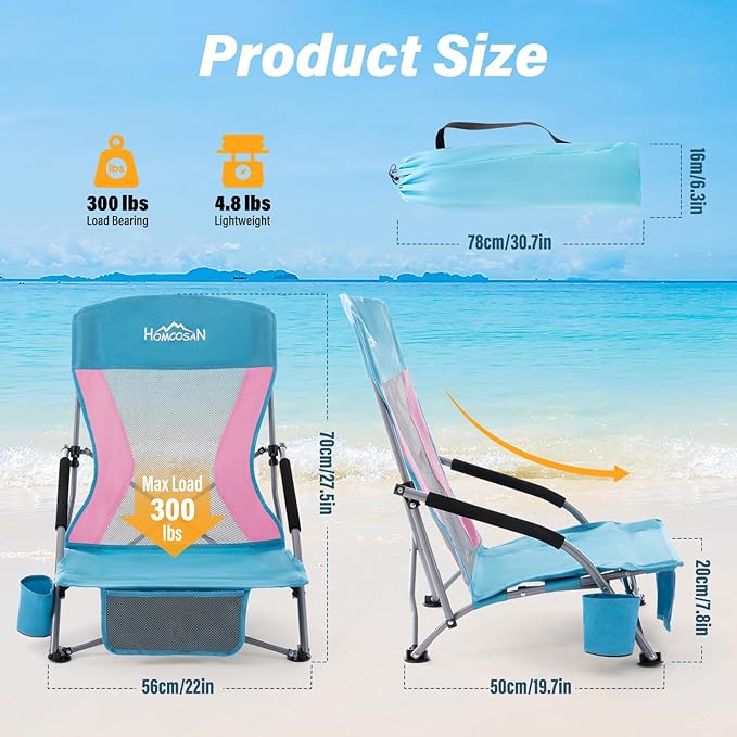 Homcosan Portable Low Folding Beach Chair - Lightweight Camping Chair for Adults with Cup Holder & Storage Pocket, Carry Bag Included (Blue & Pink)