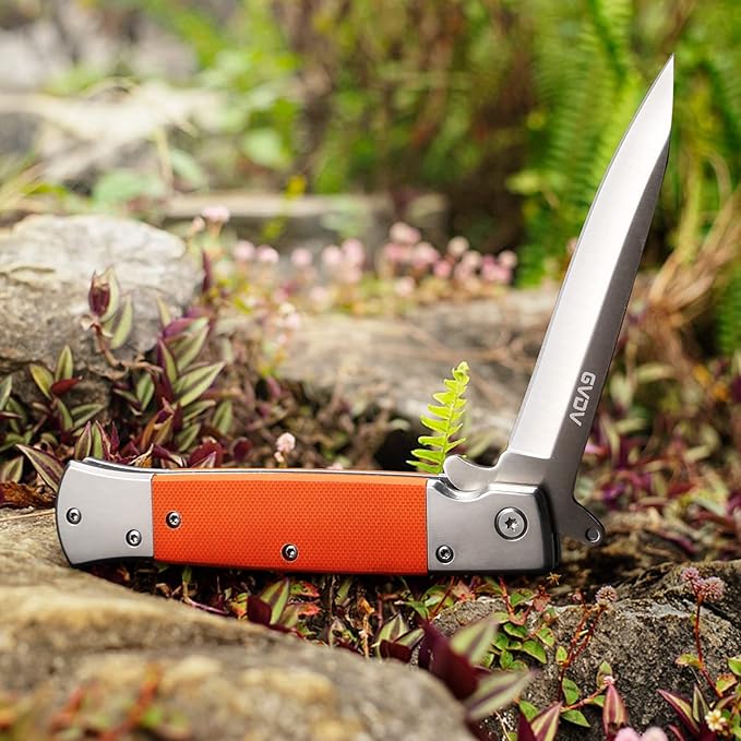 GVDV Folding Pocket Knife with G10 Handle, 7Cr17 Stainless Steel EDC Knife with Safety Liner-Lock, Camping Hunting Survival Knife for Men Women, Orange