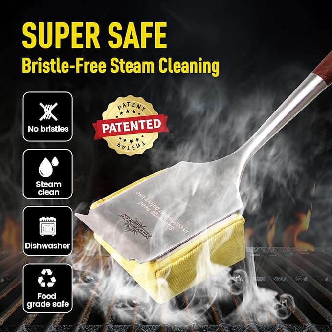 Bristle-Free Steam Cleaning Grill Brush,with Extended Luxurious Rosewood Handle,Unique Wavy Pad Seamless-Fit Cast Iron/Stainless-Steel Grates,Safe Grill Cleaner for Outdoor Grill